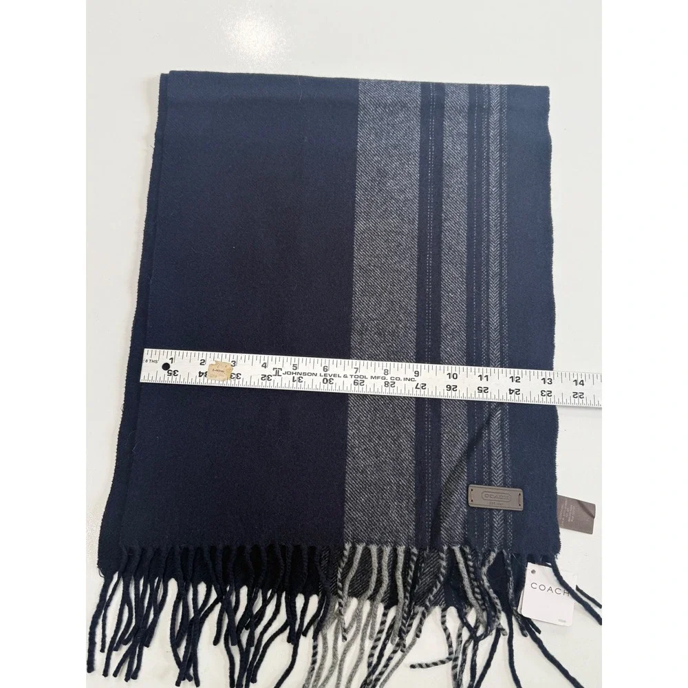 Coach Navy Blue Grey Striped Herringbone Fringed Winter Scarf New With Tags‎